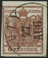 STERREICH 4X O, 1850, 6 Kr. Braun, Handpapier, Type Ib, K1 KUTY, Pracht - Autres & Non Classés