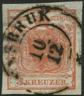 STERREICH 3Xa O, 1850, 3 Kr. Rot, Handpapier, Type Ib, Randdruck Rechts, Mit Wasserzeichen Und Plattenfehler Weiße - Oblitérés