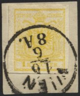 STERREICH 1Ya BrfStk, 1854, 1 Kr. Gelb, Maschinenpapier, Breitrandiges Kabinettstück Auf Briefstück, Marke Zur - Gebraucht