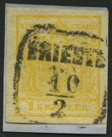 STERREICH 1Xd BrfStk, 1850, 1 Kr. Kadmiumgelb, Handpapier, Type III, K3 TRIESTE, Breitrandig, Knappes Prachtbriefst&uuml - Other & Unclassified