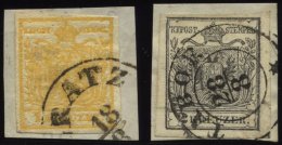 STERREICH 1,2X BrfStk, 1850, 1 Kr. Gelb Und 2 Kr. Schwarz, Handpapier, 2 Prachtbriefstücke, Mi. 220.- - Oblitérés