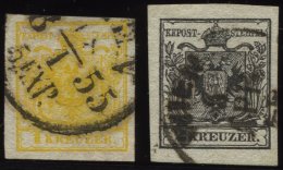 STERREICH 1,2X O, 1850, 1 Kr. Gelb Und 2 Kr. Schwarz, Handpapier, 2 Prachtwerte, Mi. 210.- - Gebraucht