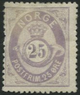 NORWEGEN 28 *, 1877, 25 Ø Violett, Mehrere Falzreste, üblich Gezähnt Pracht, Mi. 330.- - Used Stamps