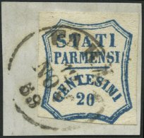 PARMA 14 BrfStk, 1859, 20 C. Blau, K1 PARMA, Linke Untere Spitze Angeschnitten Sonst Prachtbriefstück, Gepr. E. Die - Parma