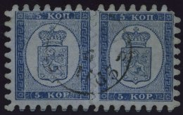 FINNLAND 3B Paar O, 1865, 5 K. Blau Auf Graublau Im Waagerechten Paar, Linke Marke Oben Zwei Verkürzte Zähne, - Other & Unclassified