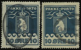 GRÖNLAND - PAKKE-PORTO 7A O, 1928/31, 10 Ø Blau Und Grünblau, Gezähnt L 111/4, (Facit P 7III Und I - Paketmarken