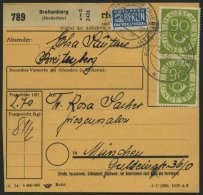 BUNDESREPUBLIK 138 BRIEF, 1954, 90 Pf. Posthorn, 3x Als Mehrfachfrankatur Auf Paketkarte Aus BREITENBERG, üblich Ge - Gebraucht