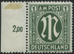 AMERIK. U. BRITISCHE ZONE 35IV **, 1946, 1 RM Dunkelgraugrün Mit Abart Linke Zierlinien Neben SM In Reichsmark Durc - Autres & Non Classés