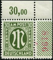 AMERIK. U. BRITISCHE ZONE 29aCr4 **, 1945, 30 Pf. Grauoliv, Gezähnt L 111/2:11, Rechte Obere Bogenecke, Rote Nummer - Other & Unclassified