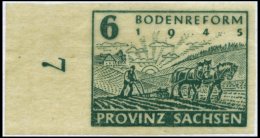 PROVINZ SACHSEN 90U **, 1946, 6 Pf. Bodenreform Auf Zigarettenpapier, Wz. W, Ungezähnt, Linkes Randstück Mit N - Autres & Non Classés