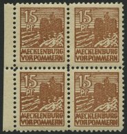 MECKLENBURG-VORPOMMERN 37zaDZ VB **, 1946, 15 Pf. Gelbbraun, Dünnes Papier, Im Viererblock Mit Druckereizeichen, Pr - Other & Unclassified