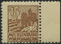 MECKLENBURG-VORPOMMERN 37ye **, 1946, 15 Pf. Orangebraun, Graues Papier, Rechtes Randstück, Pracht, Gepr. Kramp, Mi - Other & Unclassified