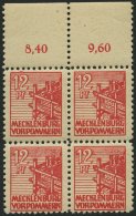 MECKLENBURG-VORPOMMERN 36zb VB **, 1946, 12 Pf. Rot, Dünnes Papier, Im Viererblock Vom Oberrand, Pracht, Gepr. Kram - Other & Unclassified