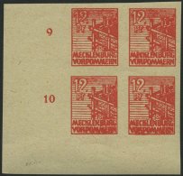MECKLENBURG-VORPOMMERN 36yeU VB **, 1946, 12 Pf. Orangerot, Graues Papier, Ungezähnt, Im Unteren Linken Eckrandvier - Other & Unclassified