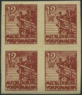 MECKLENBURG-VORPOMMERN 36ydU VB **, 1946, 12 Pf. Braunrot, Graues Papier, Ungezähnt, Im Viererblock, Pracht, R!, Fo - Other & Unclassified