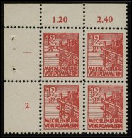 MECKLENBURG-VORPOMMERN 36xcc VB **, 1946, 12 Pf. Schwärzlichgraurot, Kreidepapier, Linker Oberer Eckrandviererblock - Other & Unclassified