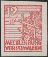 MECKLENBURG-VORPOMMERN 36xaU **, 1946, 12 Pf. Dunkelgraurot, Kreidepapier, Ungezähnt, Pracht, Mi. 60.- - Other & Unclassified