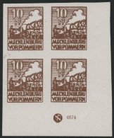 MECKLENBURG-VORPOMMERN 35xaDZ **, 1946, 10 Pf. Lebhaftsiena, Kreidepapier, Im Eckrandviererblock Mit Druckereizeichen, P - Other & Unclassified