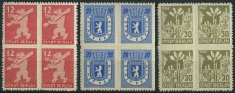 BERLIN UND BRANDENBURG 5-7B VB **, 1945, 12 - 30 Pf. Berliner Bär, Durchstochen, Je Im Viererblock, Pracht, Gepr. S - Sonstige & Ohne Zuordnung