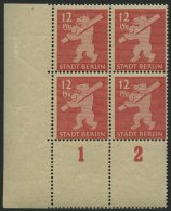 BERLIN UND BRANDENBURG 5AAwaxL **, 1945, 12 Pf. Mittelkarminrot, Graurosa Papier, Glatter Gummi, Im Viererblock Aus Der - Sonstige & Ohne Zuordnung