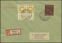 MEISSEN 38bB BRIEF, 1946, 12 Pf. Dunkellilabraun Wiederaufbau, Ungezähnt, Mit Zusatzfrankatur Auf Kempe-Einschreibb - Privatpost