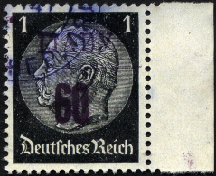 LJADY 1b O, 1941, 60 Kop. Auf 1 Pf. Schwarz, Aufdruck Schwarzviolett, Rechtes Randstück, Pracht, RR!, Fotoattest Zi - Occupation 1938-45