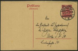 FREIE STADT DANZIG P 9F BRIEF, 1920, 30 Auf 10 Pf. Karmin, Frageteil, Stempel DANZIG 5 K, Prachtkarte Nach Berlin - Other & Unclassified