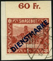 SAARGEBIET D 11IU BrfStk, 1922, 1 Fr. Diagonaler Aufdruck, Type I, Oberrandstück, Ungezähnt, Mit Rückdati - Sonstige & Ohne Zuordnung