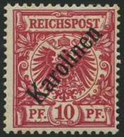 KAROLINEN 3I *, 1899, 10 Pf. Diagonaler Aufdruck, Falzreste, Pracht, Gepr. Bothe, Mi. 75.- - Karolinen