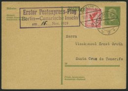 SONDERFLÜGE, FLUGVERANST. P 180 BRIEF, 1929, Erster Postexpress-Flug Berlin-Canarische Inseln Am 16. Nov.1929, Viol - Luft- Und Zeppelinpost