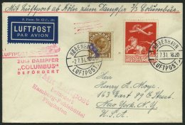 KATAPULTPOST 73C BRIEF, Dänemark: 3.7.1931, Columbus - New York, Nachbringeflug, 1 Kr. Mängel Sonst Prachtbrie - Luft- Und Zeppelinpost