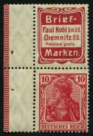 ZUSAMMENDRUCKE S 2.10 *, 1911, Briefmarken Kohl + 10 Pf., Mit Rand, Feinst (Zähnung Gestützt) - Zusammendrucke