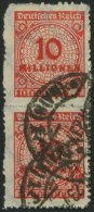 Dt. Reich 318B Paar O, 1923, 10 Mio. M. Dunkelzinnober Im Senkrechten Paar, üblicher Durchstich, Pracht, Gepr. Dr. - Used Stamps