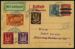 Dt. Reich 210,212/3 BRIEF, 1922, 25, 50 Und 60 Pf. Holztaube Auf P 134I/02, Luftpostkarte Von MÜNCHEN Nach Nür - Gebraucht