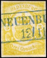 OLDENBURG 14 O, 1861, 3 Gr. Graugelb, Blauer R2 NEUENBURG!, 2 Kleine Rückseitige Aufhellungen, Bildseitig Kabinett, - Oldenburg