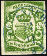OLDENBURG 10b O, 1861, 1/3 Gr. Moosgrün, Fotoattest Brettl: Drei Seiten Breitrandig, Oben Rechts Berührt. Winz - Oldenburg