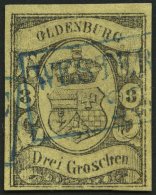OLDENBURG 8 O, 1859, 3 Gr. Schwarz Auf Graugelb, Blauer R2 WESTERSTEDE, Kaum Sichtbare Punkthelle Stelle Sonst Pracht, G - Oldenburg