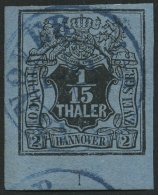 HANNOVER 4 O, 1851, 1/15 Th. Schwarz Auf Graublau, Untere Linke Bogenecke Mit Nr. 1, Blauer K2, Pracht, Gepr. Bühle - Hanovre