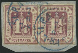 HAMBURG 20a Paar BrfStk, 1866, 11/4 S. Dunkelbraunviolett Im Waagerechten Paar, Blauer K1, Prachtbriefstück - Hamburg