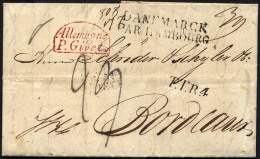 HAMBURG VORPHILA 1831, DANEMARCK PAR HAMBOURG, L2 Auf Brief Von Copenhagen Nach Bordeaux, L1 T.T.R.4 Und Roter Segmentst - Prephilately