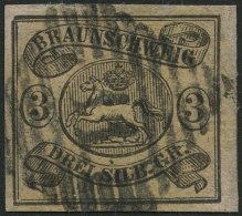 BRAUNSCHWEIG 8a O, 1853, 3 Sgr. Schwarz Auf Mattrosa, Nummernstempel 11 (DELLINGEN), Pracht - Brunswick