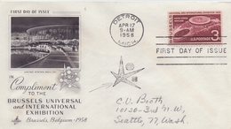 U.S.A. :1958: Y.638 On Travelled FDC With Illustrated Cancellation : EXPO '58,UNITED STATES PAVILLON, - 1958 – Brussels (Belgium)
