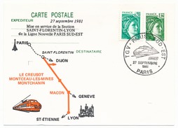 FRANCE - Entier Repiqué "TGV Paris Sud Est" Section St Florentin Lyon - Septembre 1981 PARIS - Trains