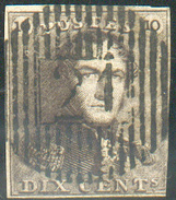 N°1 - Epaulette 10 Centimes Brune, 3 Marges (pas D'autre Défaut), Obl. D.21 HAVELANGE Parfaitement Apposée. - 11656 - 1849 Epauletten