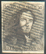 N°1 - Epaulette 10 Centimes Brune, TB Margée Avec Obl. P.24 BRUXELLES Idéalement Apposée. - 11658 - 1849 Schulterklappen