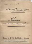 Archive/Acte Notarié/ Notoriété/Pégé/ Pallard  Notaire/La Rochelle/Laffond/Charente Inférieure/Laton-Bossuet/1918 AR63 - Non Classés