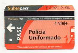 TICKET TRANSPORT METRO ARGENTINE  Métrovias  SUBTEpass  POLICIA UNIFORMADO - Monde