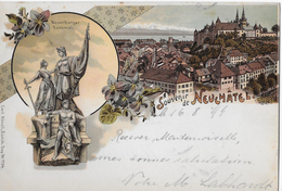 SOUVENIR DE NEUCHÂTEL → Mehrbild Lithokarte Anno 1899  ►Balkenstempel CORCELLES◄ - Corcelles