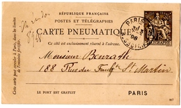 CARTE PNEUMATIQUE. ENTIER. PARIS. RUE SAINTE CECILE Sur CHAPLAIN 30c. 1898. - Pneumatici