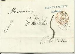 Lettre De Madrid 17 Aout 1859 Pour Oloron Marque D'entrée Espagne Par St Jean De Luz En Rouge - Entry Postmarks